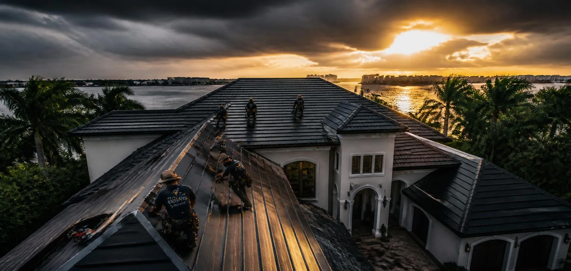 Restored luxury Florida home roof at golden hour